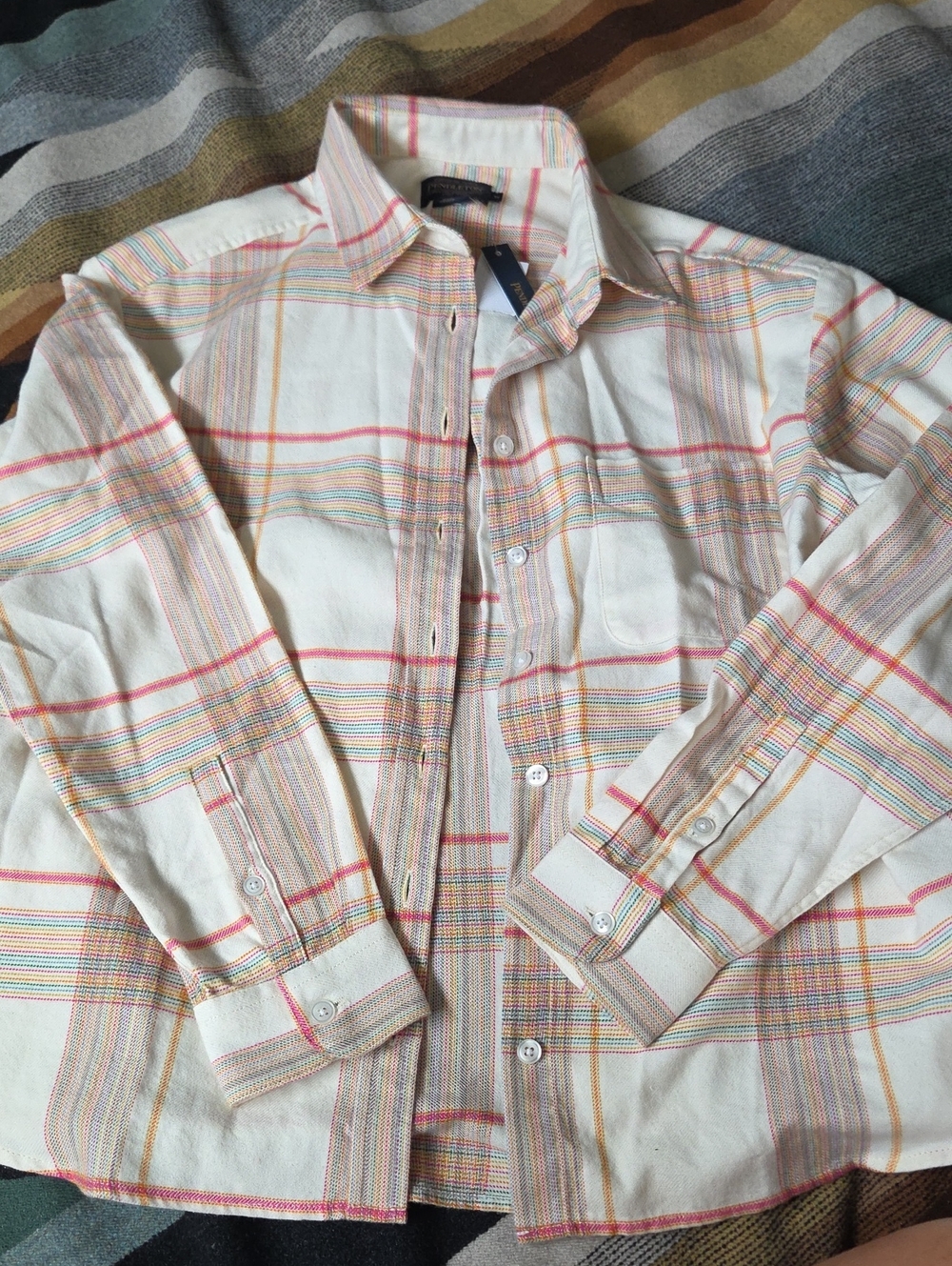 Pendleton Cream Plaid Button-Up Shirt with Pink, Yellow and Blue Stripes